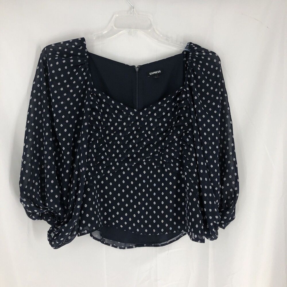 Express women's Blouse Cropped Sheer Sleeve Pleated Bodice Size Small Navy
